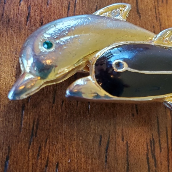 Vintage Gold and Black Dolphin Brooch - Picture 2 of 4